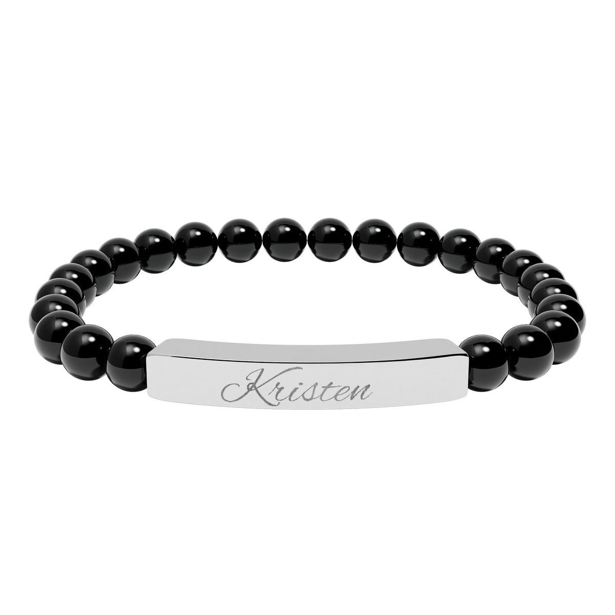 Engravable Natural Stone Bead Bar Bracelet — Personalized Stretch Bracelet