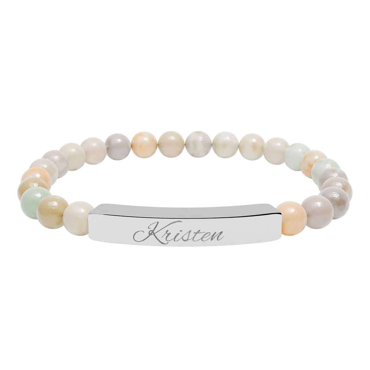 Engravable Natural Stone Bead Bar Bracelet — Personalized Stretch Bracelet