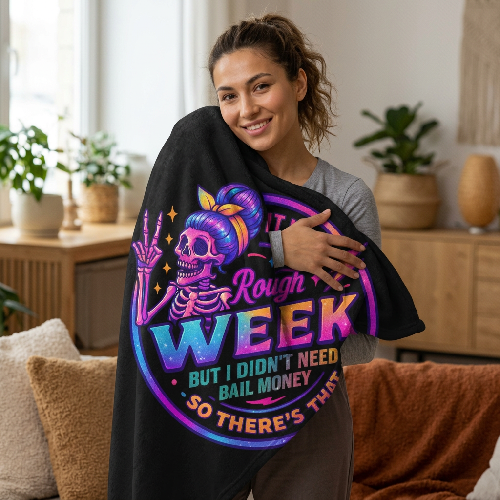Funny 'Rough Week' Velveteen Microfiber Blanket 40x30 — Neon Skeleton 'It Was A Rough Week But I Didn't Need Bail Money' Throw